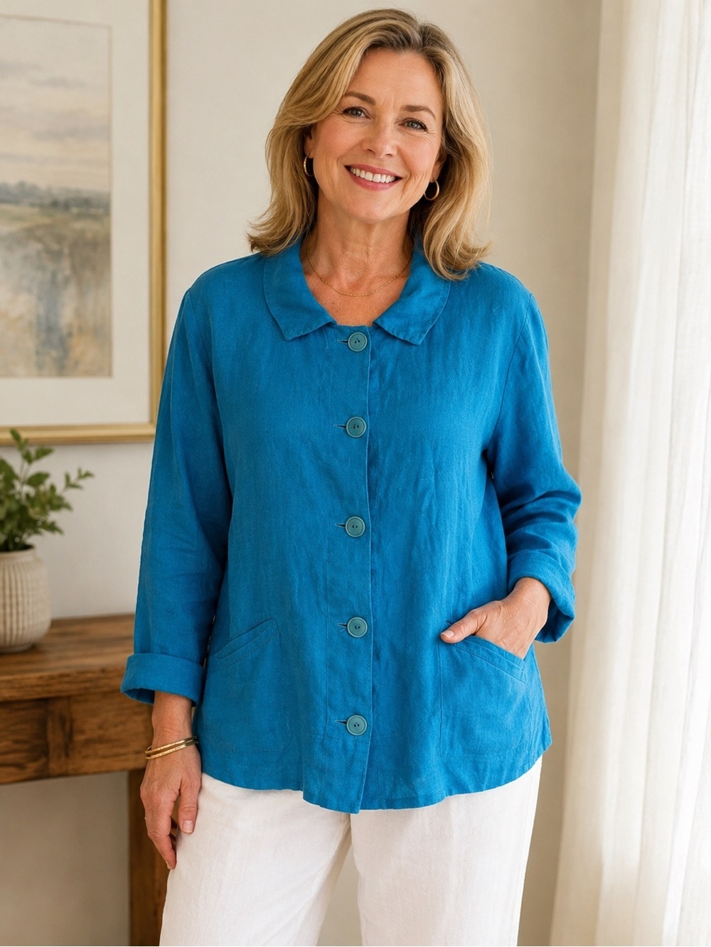 Flax lagenlook 100% Linen Long Sleeve/ pockets min turquoise blouse Small